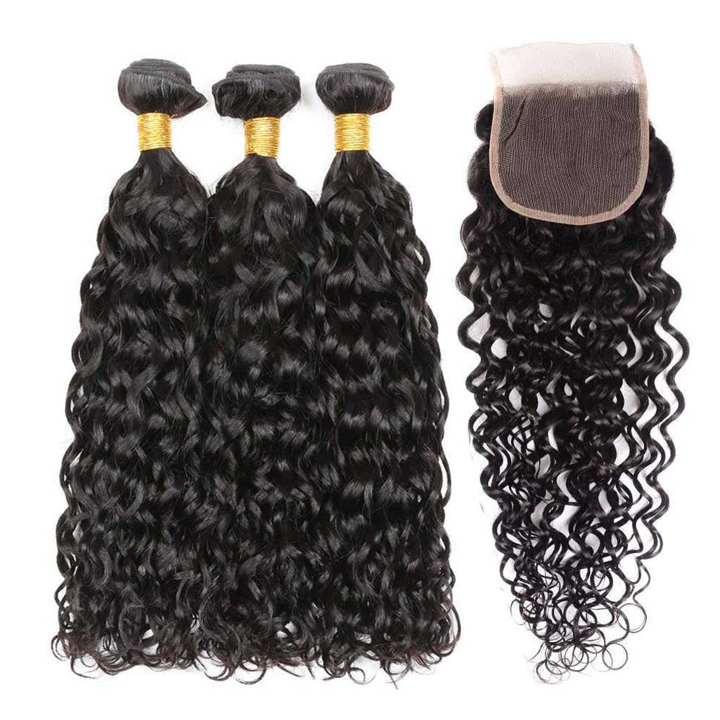 Water Wave 3 Bundles With 4*4 Lace Closure 10A Brazilian Human Hair Weave