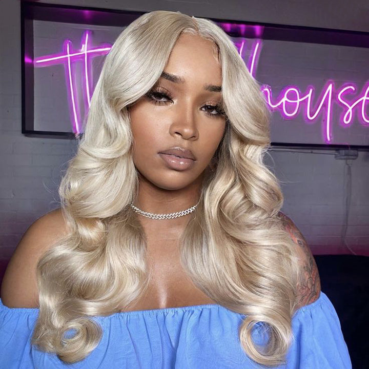 Kisslove Ash Blonde Hair 3D Body Wave Wig Snug Fit Invisi Strap 360 Lace Frontal Wigs