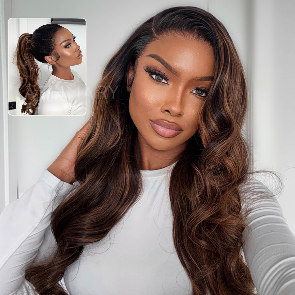 Balayage Highlights Dark Roots Layer Cut Body Wave 360 Skin Lace Frontal with Invisi Strap Human Hair Wig