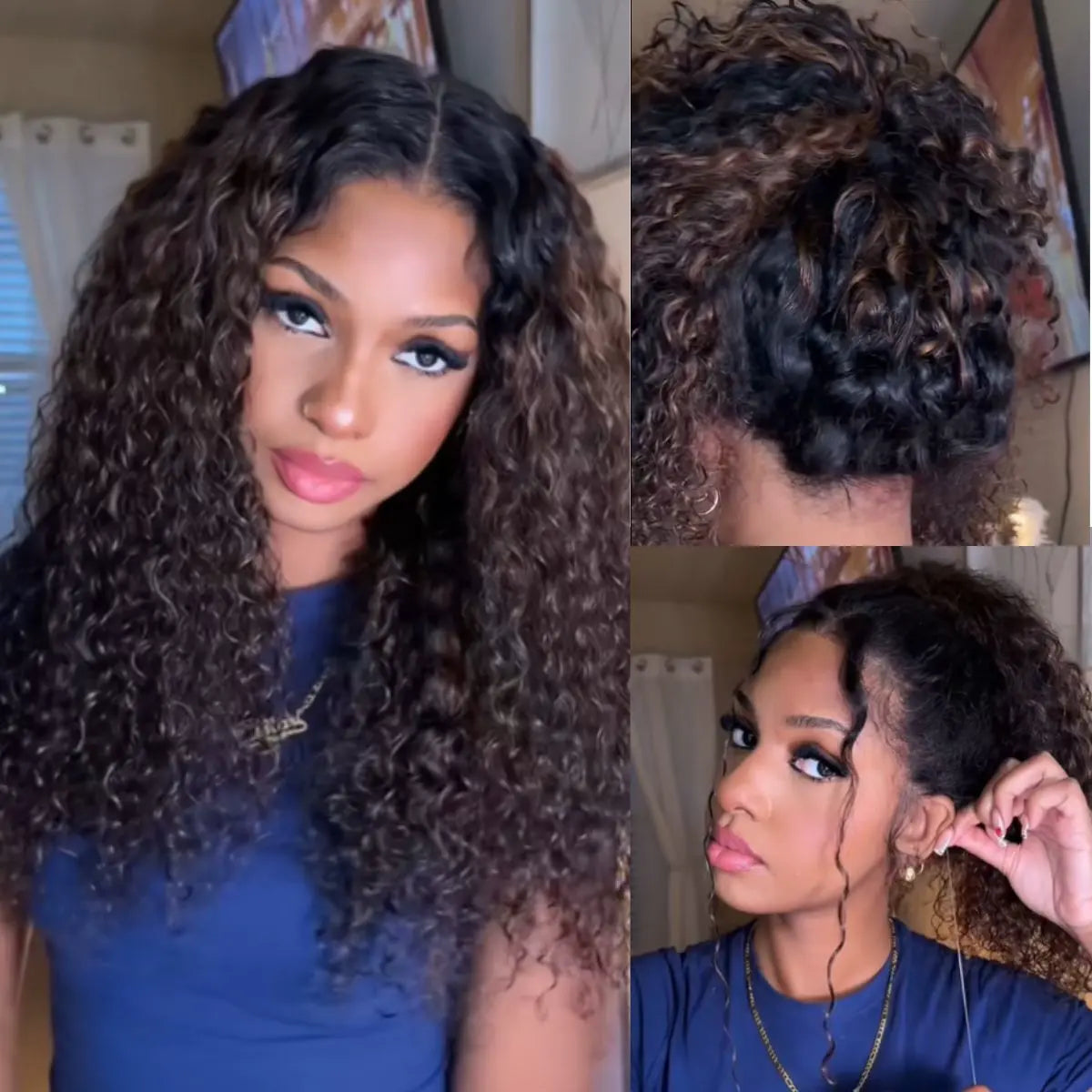 Water Wave 360 Lace Frontal Wig with Invisi Strap Brown Balayage Highlight Adjustable Fit Pre-Bleached and Pre-Cut Skin Lace