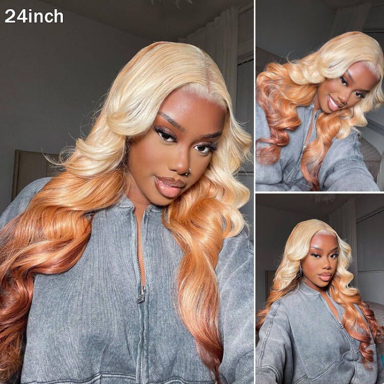 Blonde Brown Ombre Wig 3D Body Wave 13x4 HD Lace Frontal Human Hair Wigs