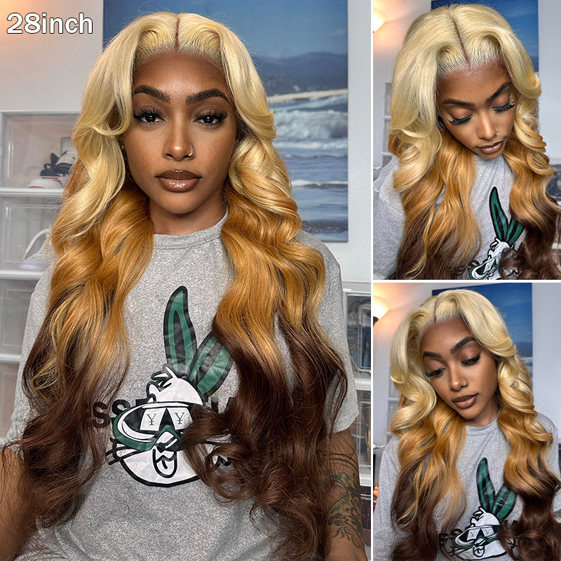Ombre Blonde Brown Wig 3D Body Wave Honey Blonde On Brown Hair 13x4 HD Lace Front Human Hair Wigs