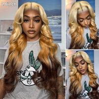 Ombre Blonde Brown Wig 3D Body Wave Honey Blonde On Brown Hair 13x4 HD Lace Front Human Hair Wigs