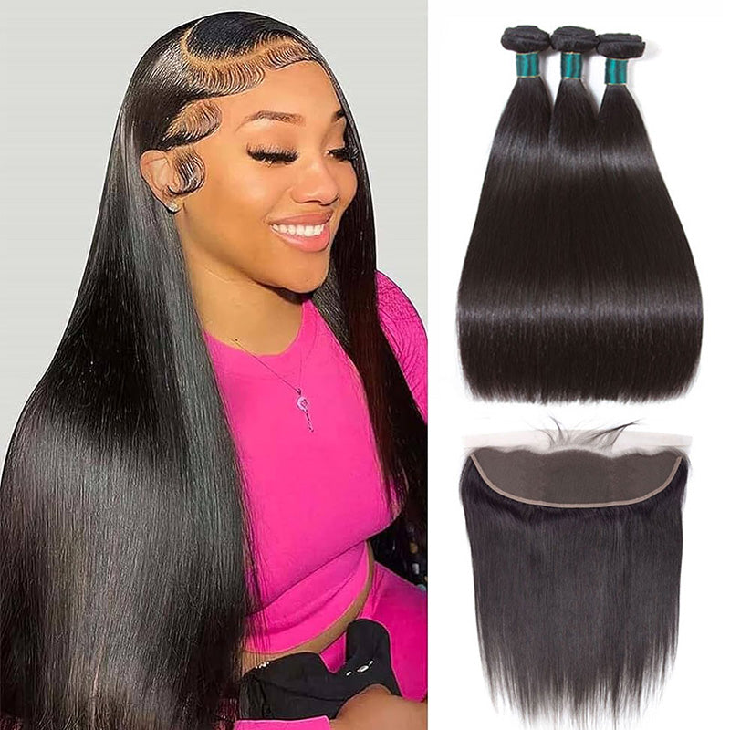 Bone Straight Human Hair 3 Bundles With 13x4 HD Lace Frontal 12A Virgin Hair Weaves