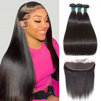 Bone Straight Human Hair 3 Bundles With 13x4 HD Lace Frontal 12A Virgin Hair Weaves
