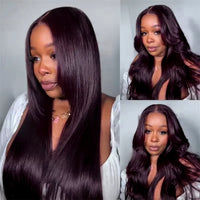 Dark Plum Glueless 360 Lace Frontal Wigs With Invisi Strap Ready & Go Snug Fit Layer Cut Body Wave Human Hair Wigs