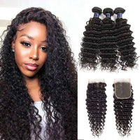 4x4 Lace Closure With Bundles Deep Wave 12A Brazilian Virgin Hair Weave