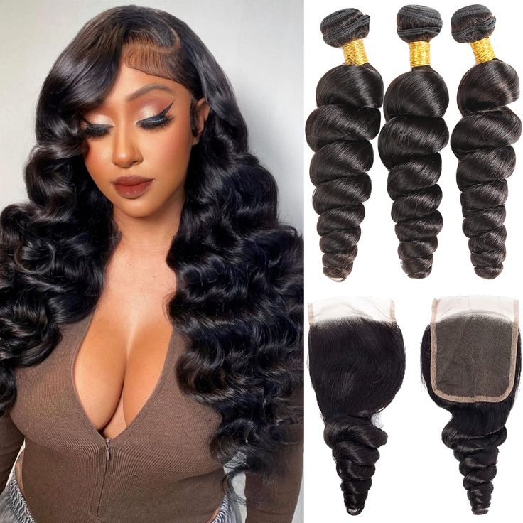 Loose Wave 3 Bundles With 4*4 Lace Closure 10A Brazilian Human Hair Weaves