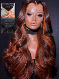 Glueless Chestnut Brown with Ginger Color Highlights Body Wave Full 13x4 13x6 Lace Frontal Human Hair Wigs