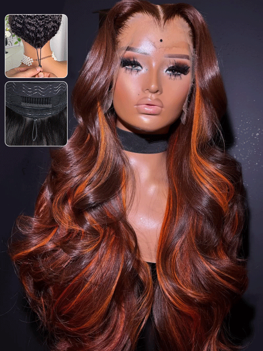 Glueless Chestnut Brown with Ginger Color Highlights Body Wave Full 13x4 13x6 Lace Frontal Human Hair Wigs