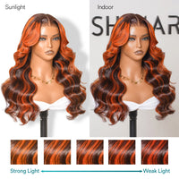 Salon Layer Cut Ginger Highlights On Brown Hair 360 Lace Frontal Invisi Strap Skin Lace InvisiDrawstring Snug Fit Body Wave Human Hair Wig