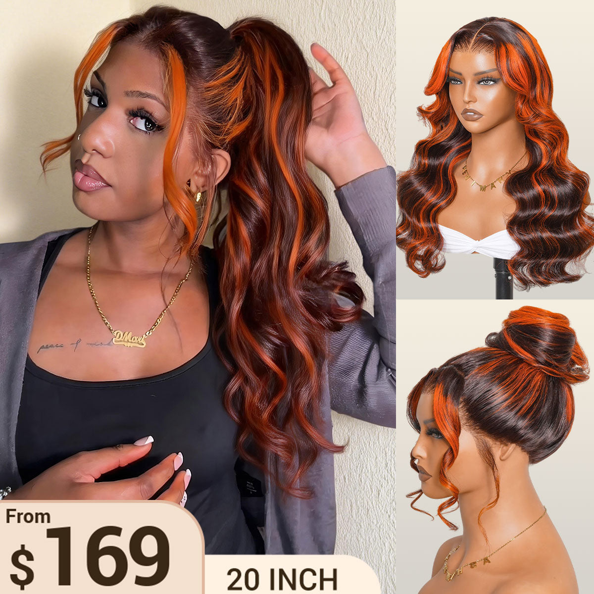 Salon Layer Cut Ginger Highlights On Brown Hair 360 Lace Frontal Invisi Strap Skin Lace InvisiDrawstring Snug Fit Body Wave Human Hair Wig