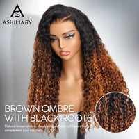 Glueless 360 Invisi Strap Upgrade Cap Lace Frontal Wig Brown Ombre With Black Roots Water Wave With Pre-Bleached Seamless Knots