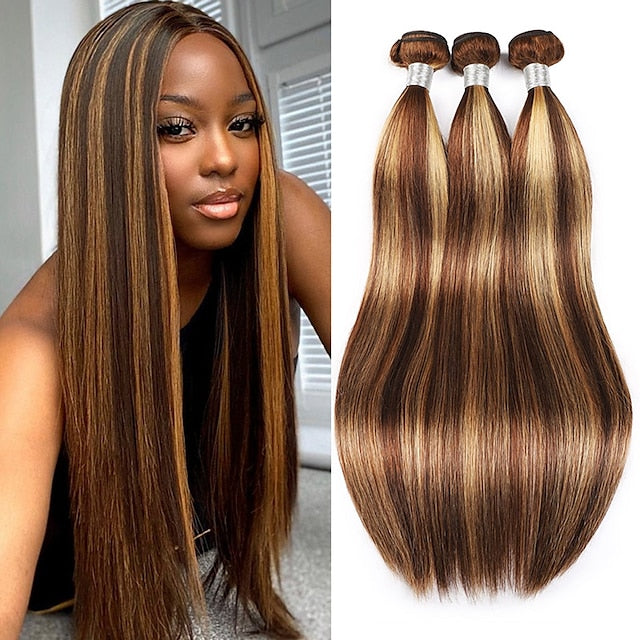P4/27 Highlight Straight Human Hair 3 Bundles With Closure 12A Brazilian Hair