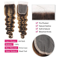 Bleached Knots Brown Highlighted Bundles With Closure Loose Deep Wave 12A Virgin Hair