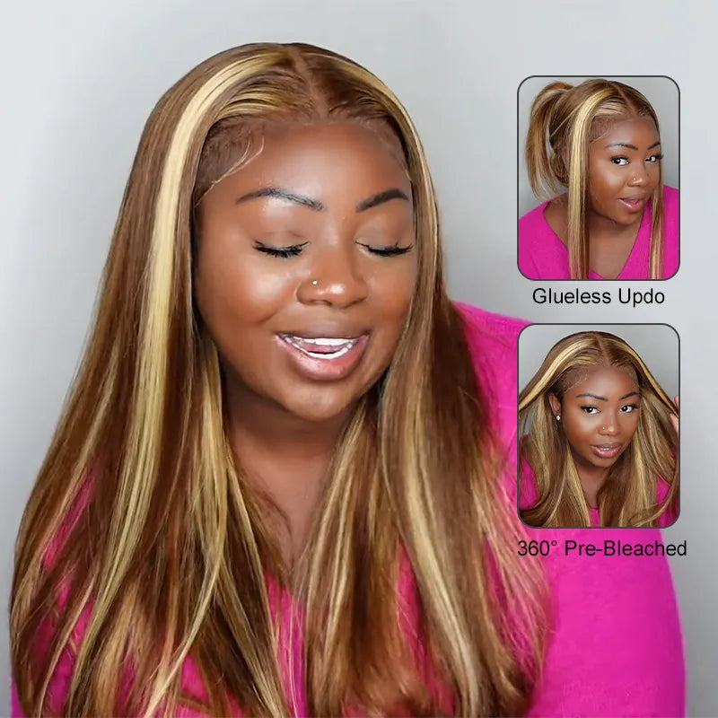 Pre-Everything Brown Highlights Straight Human Hair Wigs Invisi Strap Snug Fit 360 Lace Frontal Wig