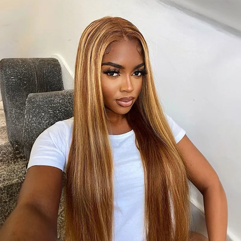 Pre-Everything Brown Highlights Straight Human Hair Wigs Invisi Strap Snug Fit 360 Lace Frontal Wig