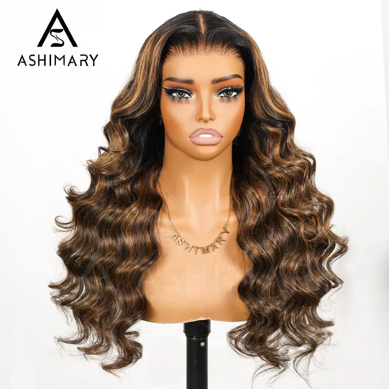 Balayage Highlights Dark Roots Layer Cut Body Wave 360 Skin Lace Frontal with Invisi Strap Human Hair Wig
