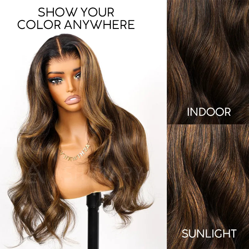 Balayage Highlights Dark Roots Layer Cut Body Wave 360 Skin Lace Frontal with Invisi Strap Human Hair Wig