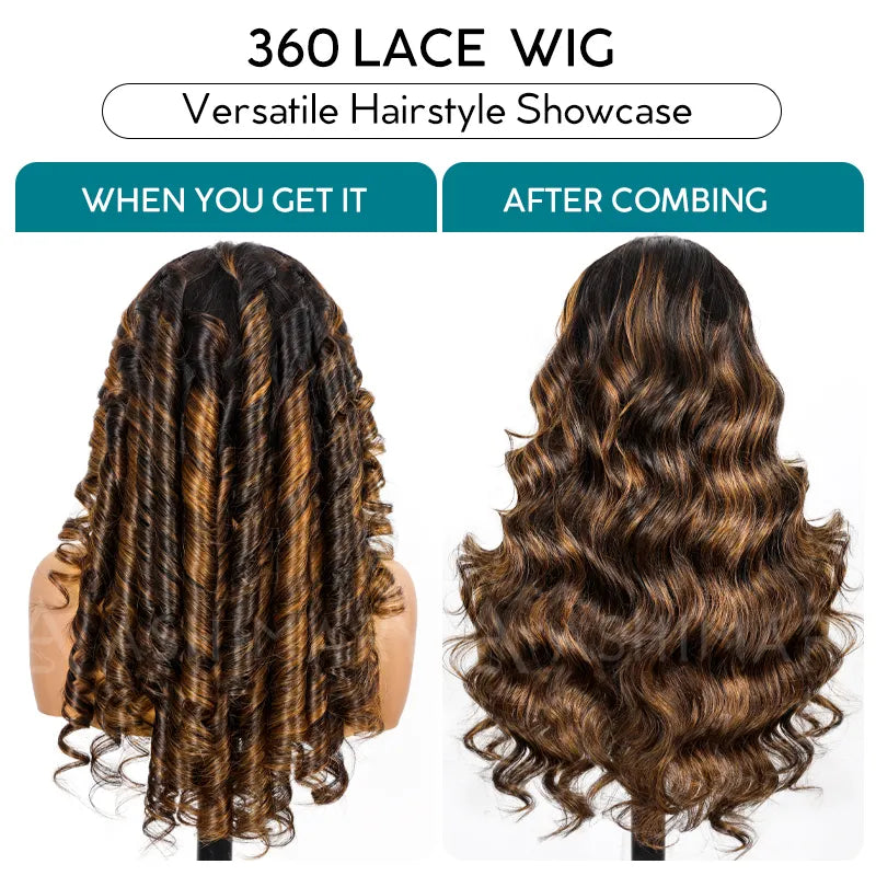 Balayage Highlights Dark Roots Layer Cut Body Wave 360 Skin Lace Frontal with Invisi Strap Human Hair Wig
