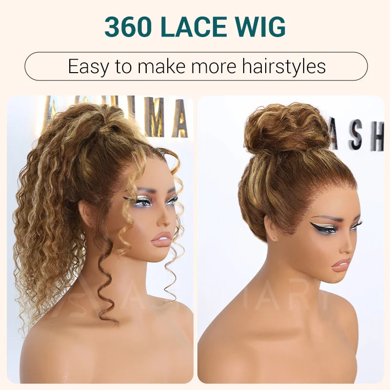 Water Wave Highlight Ombre Color Invisi Strap Snug Fit 360 Skin Lace Frontal Wig Glueless Human Hair