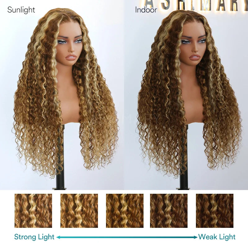 Water Wave Highlight Ombre Color Invisi Strap Snug Fit 360 Skin Lace Frontal Wig Glueless Human Hair