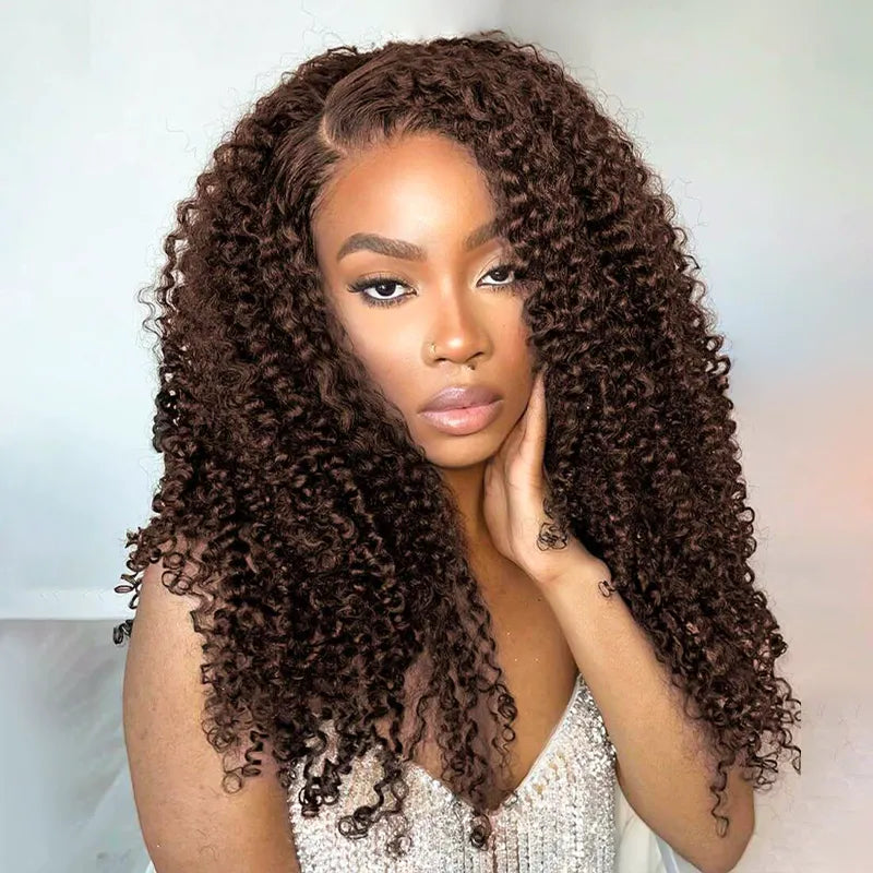 Kinky Curly Chocolate Brown Invisi Strap 360 Lace Wig Pre Everything Glueless Drawstring Human Hair Wigs
