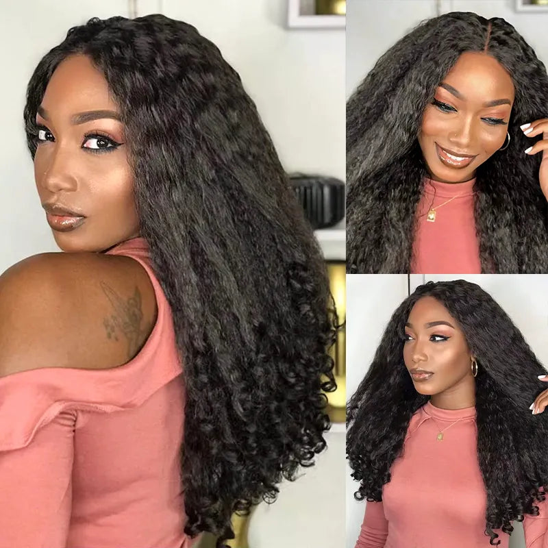 Invisi Strap 360 Lace Front Wig Kinky Straight with Spiral Curls Natural Black Breathable & Security Human Hair Wigs