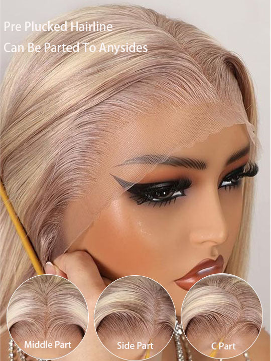 Blonde Bob Wig Glueless HD Transparent Lace Short Bob Wigs with Milktea Brown Balayage Highlights