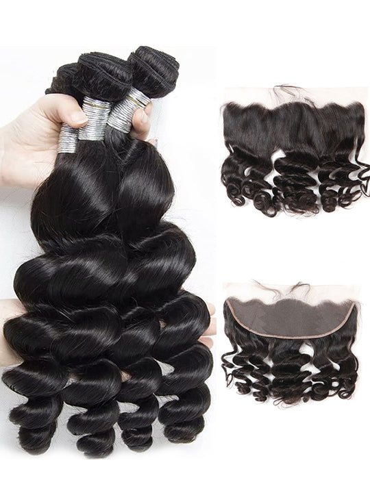 13*4 HD Lace Frontal Closure With Bundles Loose Wave 12A Brazilian Virgin Hair Weaves