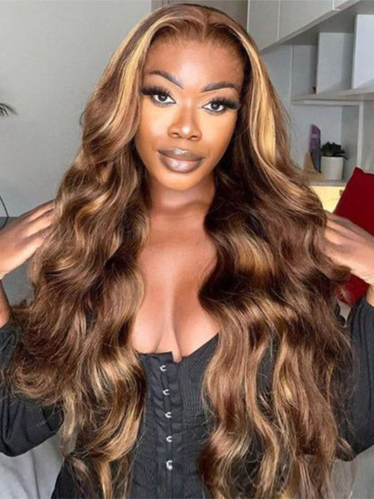 Honey Blonde Highlight 3D Body Wave 13x4 HD Lace Frontal Piano Color Human Hair Wigs