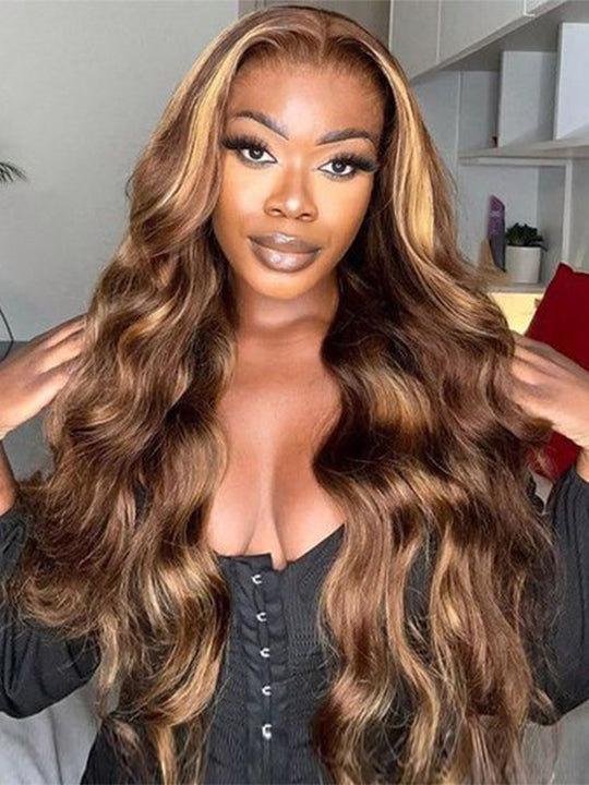 Honey Blonde Highlight 3D Body Wave 13x4 HD Lace Frontal Piano Color Human Hair Wigs