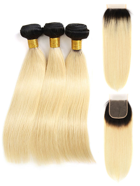 613 Blonde Hair With Black Roots Bundles With Closure Braizlian Straight Human Hair