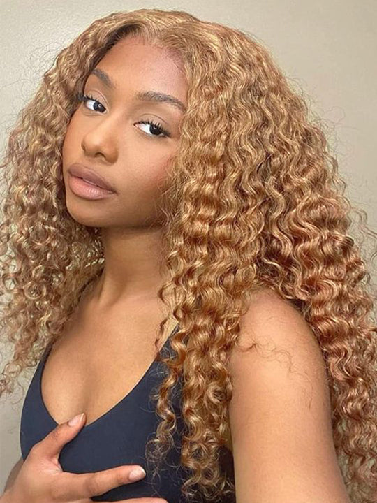 Honey Brown Curly Hair Wig Deep Wave 13x4 Lace Front Human Hair Wigs