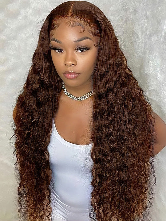 #4 Chocolate Brown Wig Deep Wave 4x4 13x4 Lace Front Human Hair Wigs