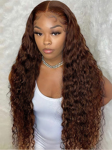 #4 Chocolate Brown Wig Deep Wave 4x4 13x4 Lace Front Human Hair Wigs