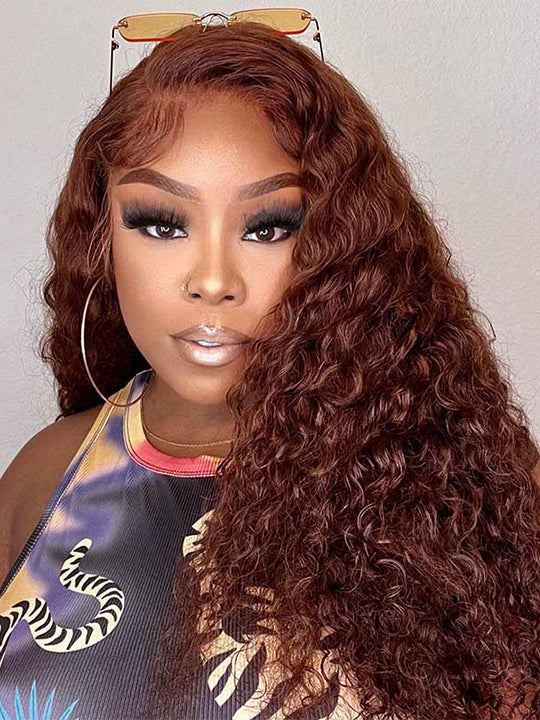 #33 Reddish Brown Bleached Knots 360 Lace Frontal Wig Deep Wave Human Hair Wigs