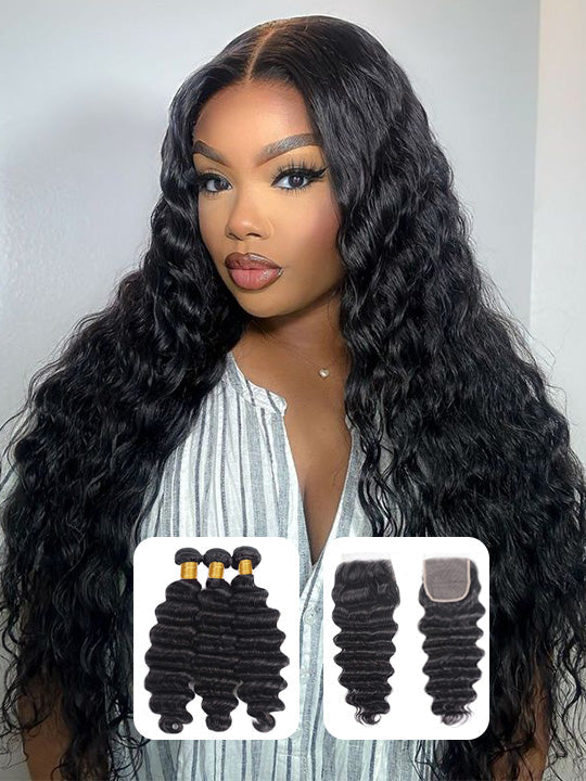 Loose Deep Wave Bundles With Lace Closure 12A Brazilian Virgin Human Hair Weave