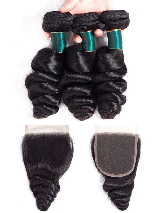 4*4 Lace Closure With Bundles Loose Wave 12A Brazilian Virgin Human Hair Weave