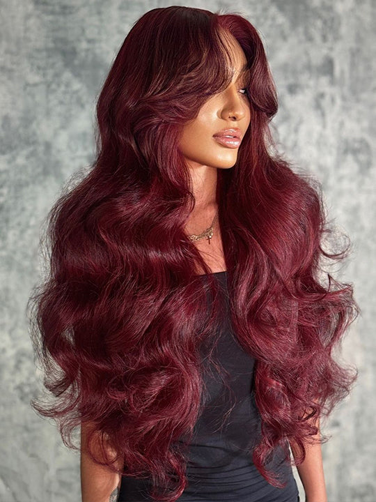 99j Burgundy Colored 3D Body Wave Glueless 4x4 Lace Closure Wig Human Hair