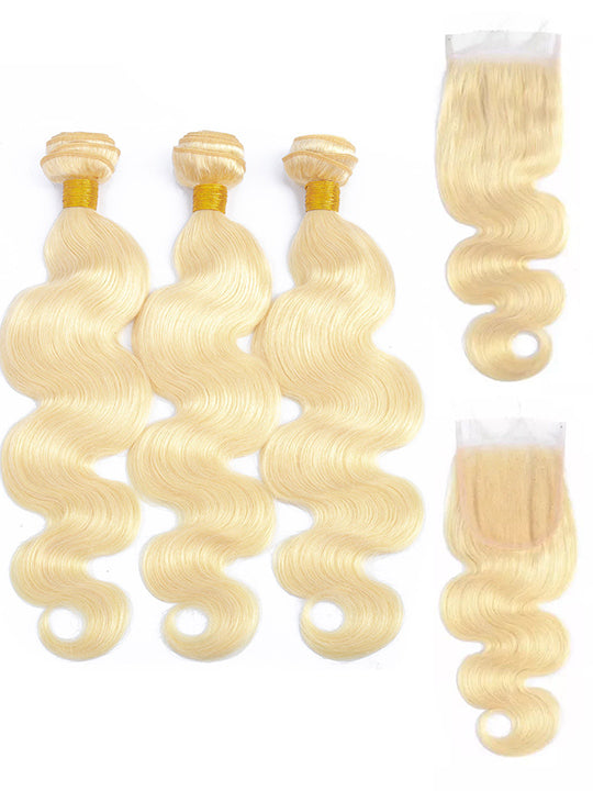 613 Honey Blonde Bundles With Closure Body Wave Virgin Human Hair Weaves