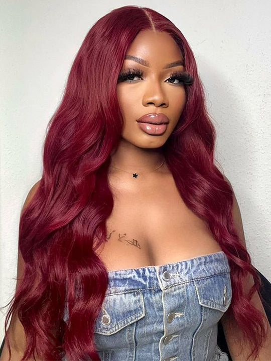 99J Burgundy Hair 5x5 Lace Wigs 3D Body Wave Dark Red Human Hair Wigs