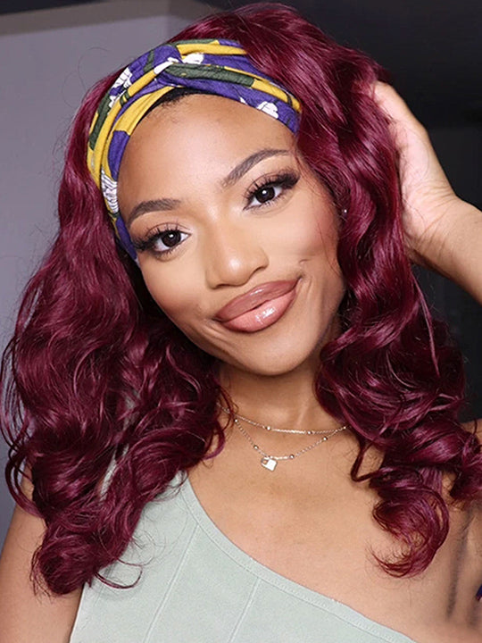 99J Burgundy Hair Headband Wig With Black Roots 3D Body Wave Human Hair Wigs