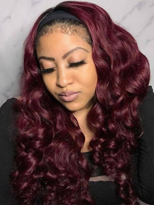 99J Burgundy Hair Headband Wig With Black Roots 3D Body Wave Human Hair Wigs