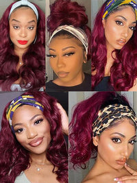 99J Burgundy Hair Headband Wig With Black Roots 3D Body Wave Human Hair Wigs
