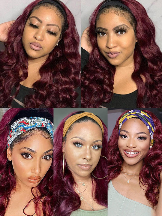 99J Burgundy Hair Headband Wig With Black Roots 3D Body Wave Human Hair Wigs