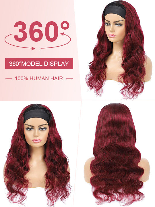 99J Burgundy Hair Headband Wig With Black Roots 3D Body Wave Human Hair Wigs