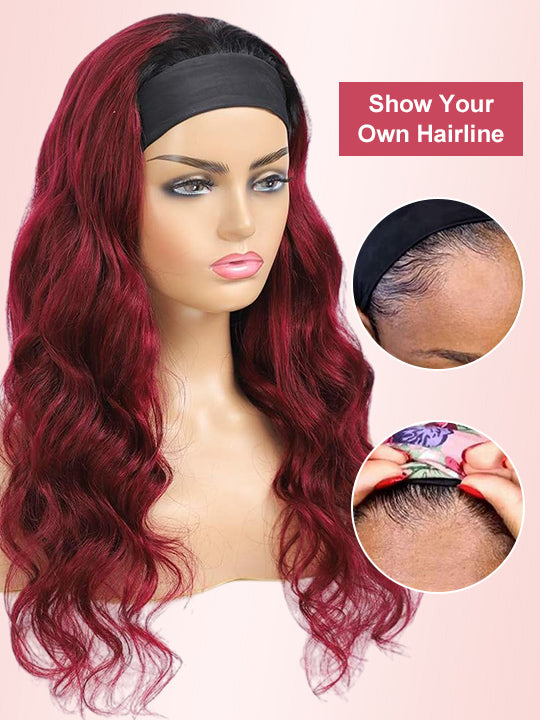 99J Burgundy Hair Headband Wig With Black Roots 3D Body Wave Human Hair Wigs