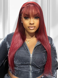99J Burgundy Human Hair Wig With Bangs 10A Silky Straight Hair Machine Made Wigs