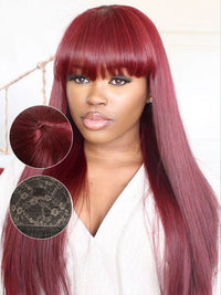 99J Burgundy Human Hair Wig With Bangs 10A Silky Straight Hair Machine Made Wigs
